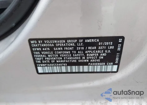 2012 Volkswagen Passat 2.5L Se z USA, uszkodzony, nr VIN 1VWBP7A32CC048783